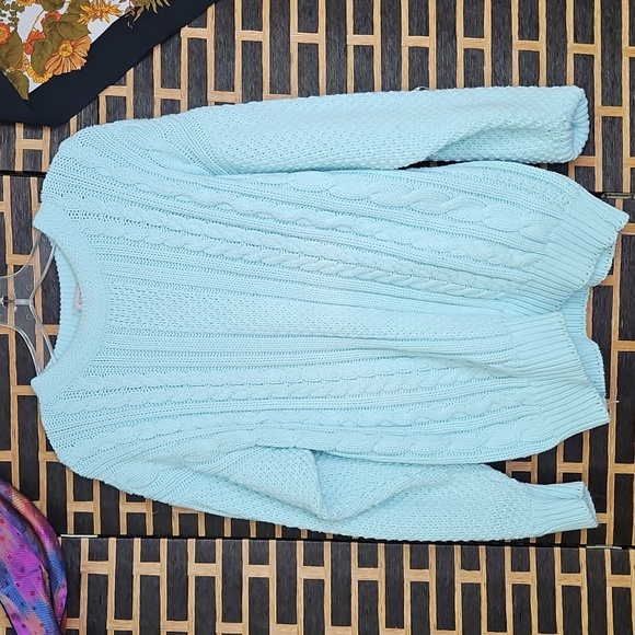 Vintage 90s Robin Egg Aqua Blue Cable Knit Sweater Bulky Oversized Style S/M VGC - Picture 4 of 9